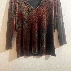 Velvet V-Neck Floral Blouse - Red and Brown